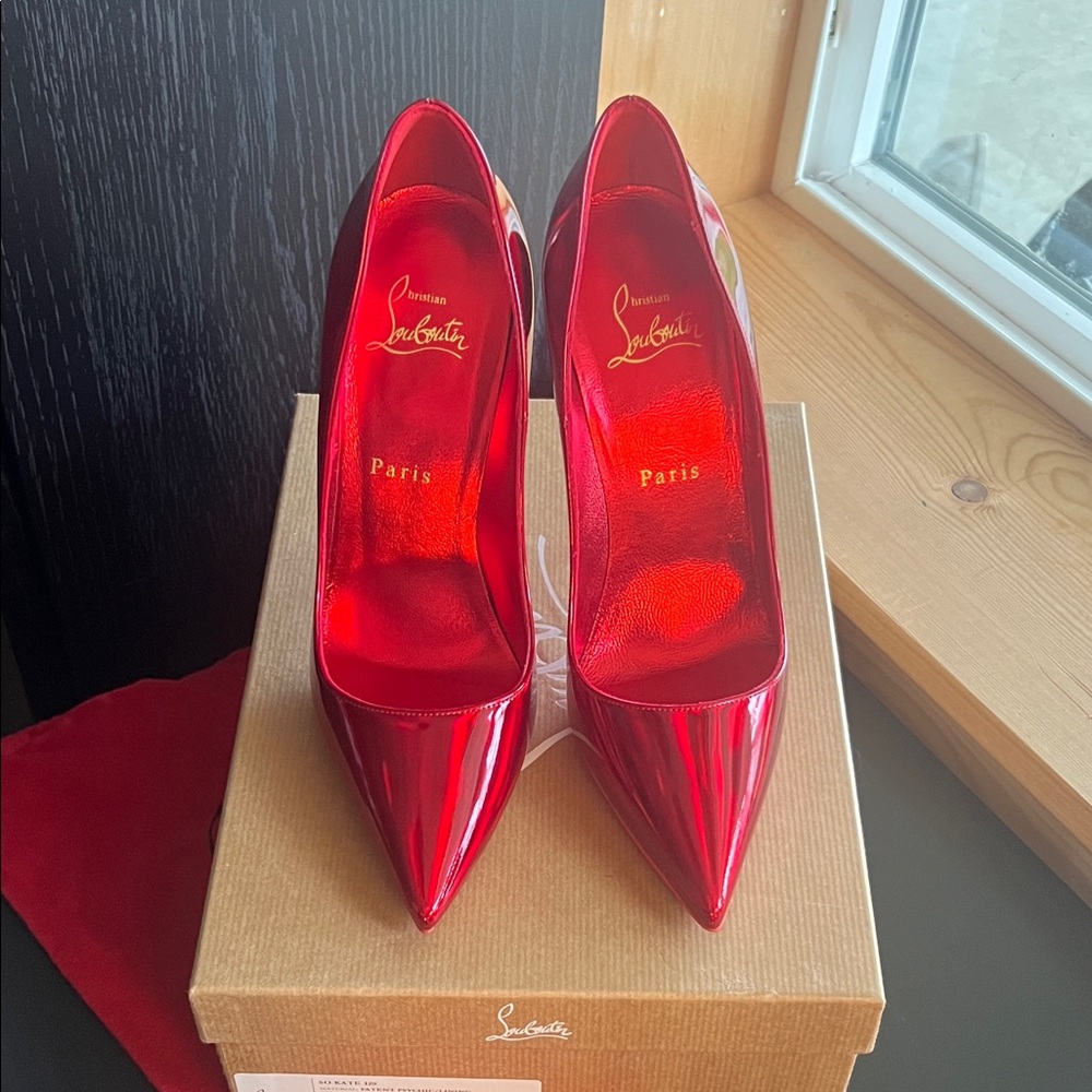 Christian Louboutin SO Kate 120 Patent Loubi Red Heels size 38 NWOT